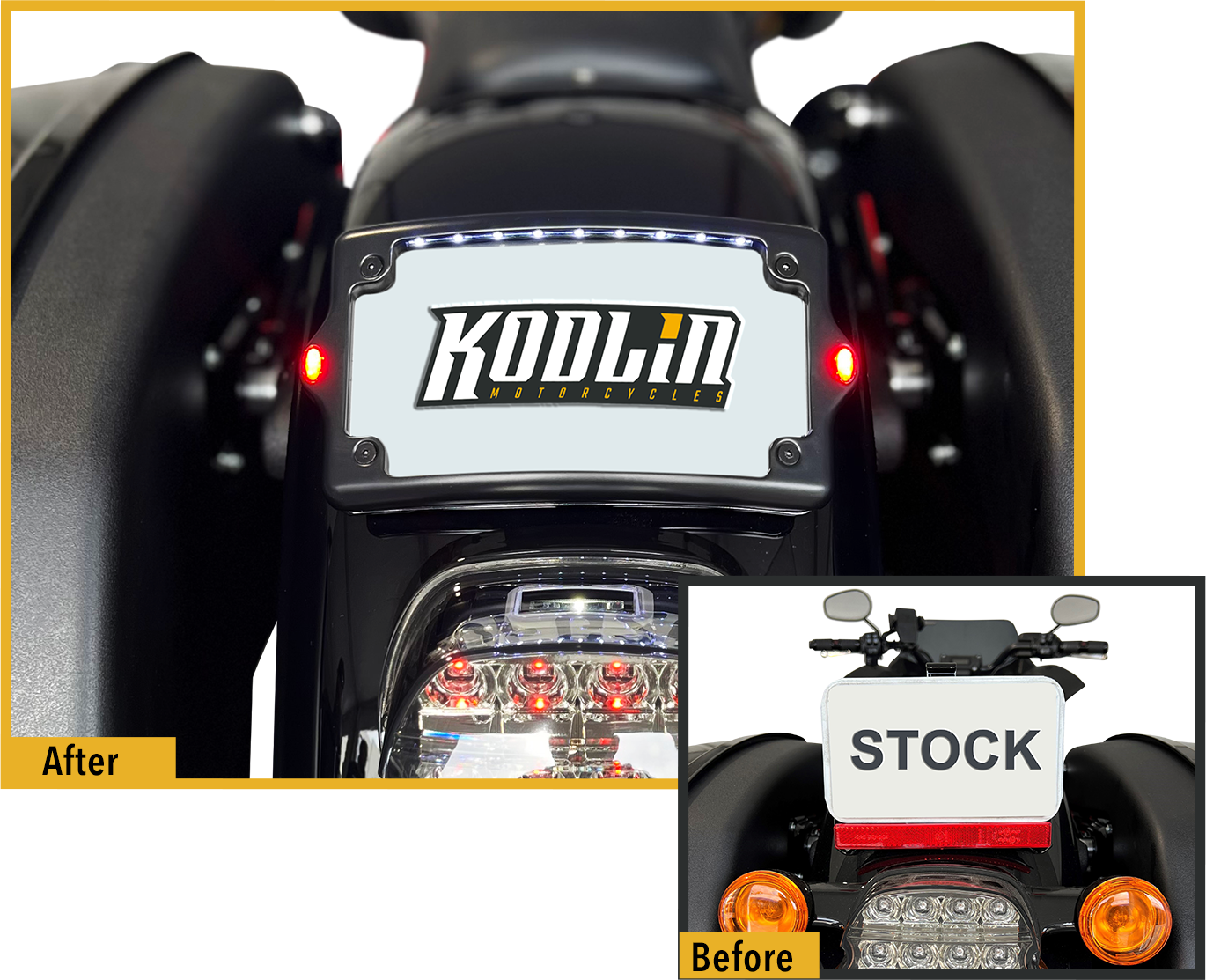 Kodlin Curved 3-bolt mounted Elypse 3-1 LED License Plate Kit in Black, before and after