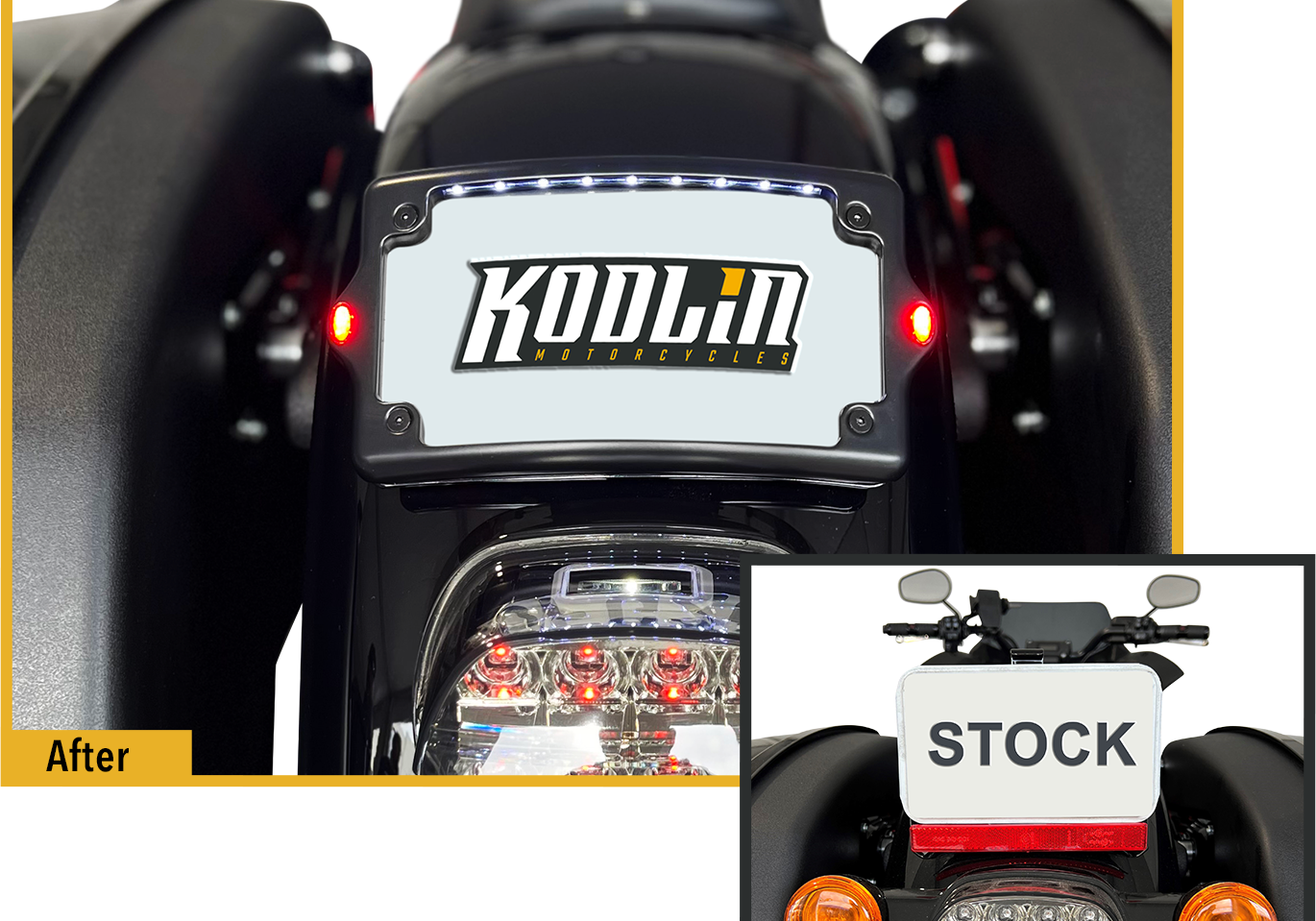 Kodlin Curved 3-bolt mounted Elypse 3-1 LED License Plate Kit in Black, before and after