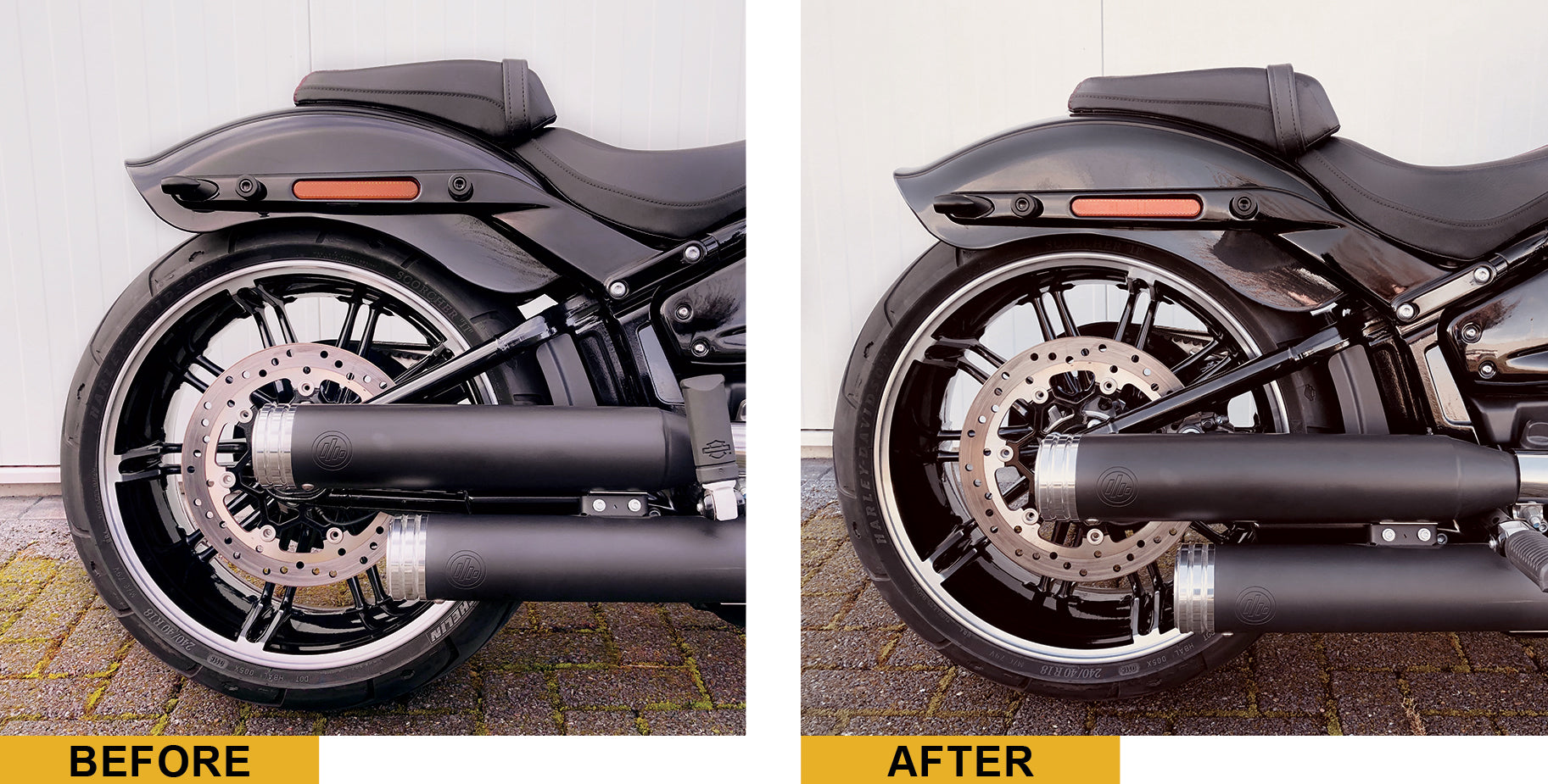 Before and After of Kodlin Lowering-Kit for Harley-Davidson Milwaukee 8 Softail models without pre-load adjuster knob